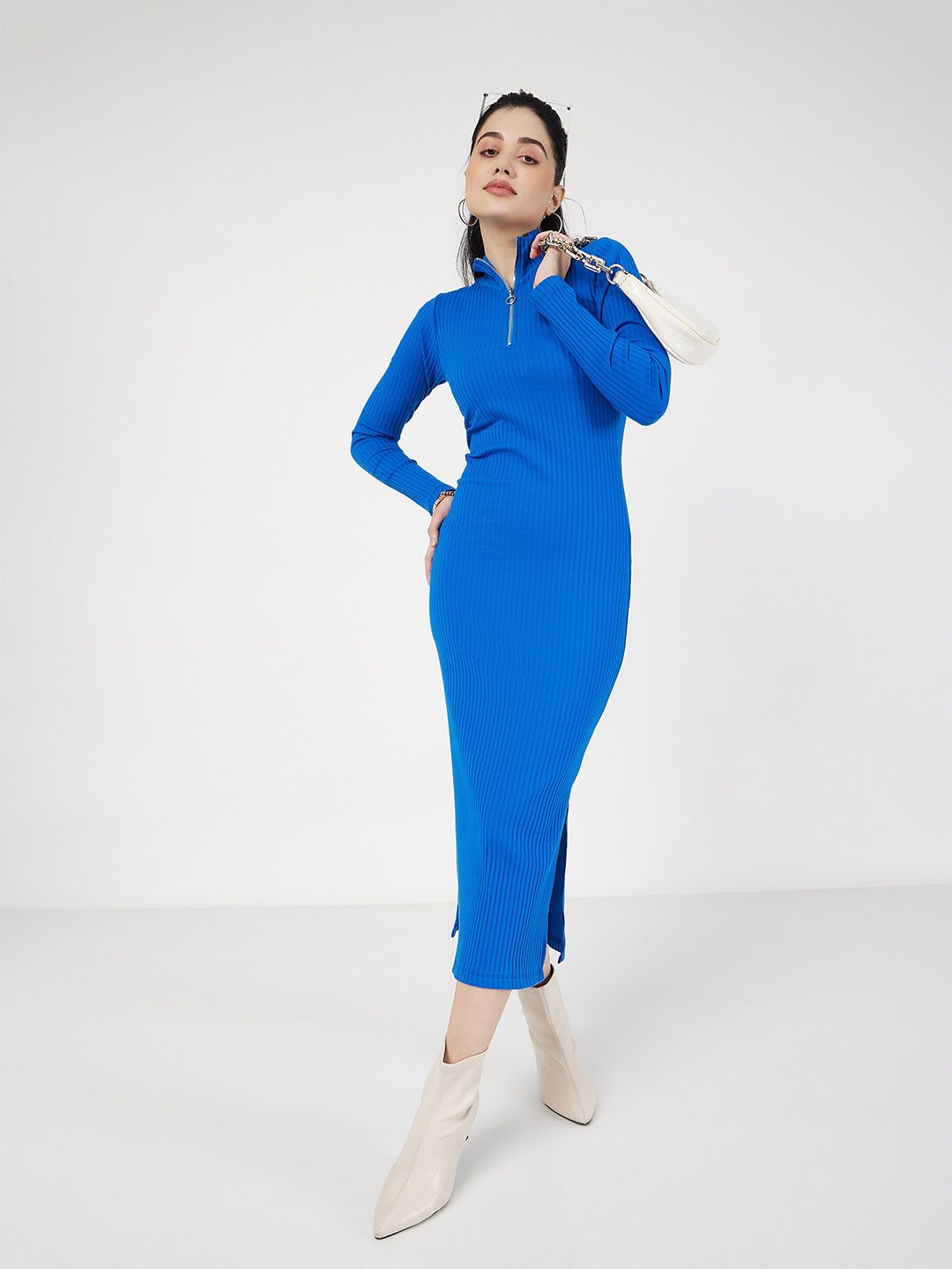 SASSAFRAS Ribbed High Neck Cotton Knitted Sheath Dress