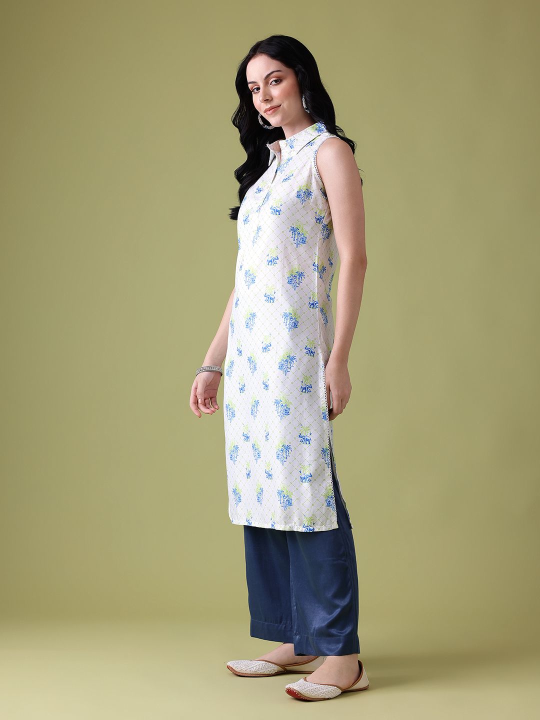 Anouk Conversational Printed Lace Insert Detail Shirt Collar Calf-Length Straight Kurta