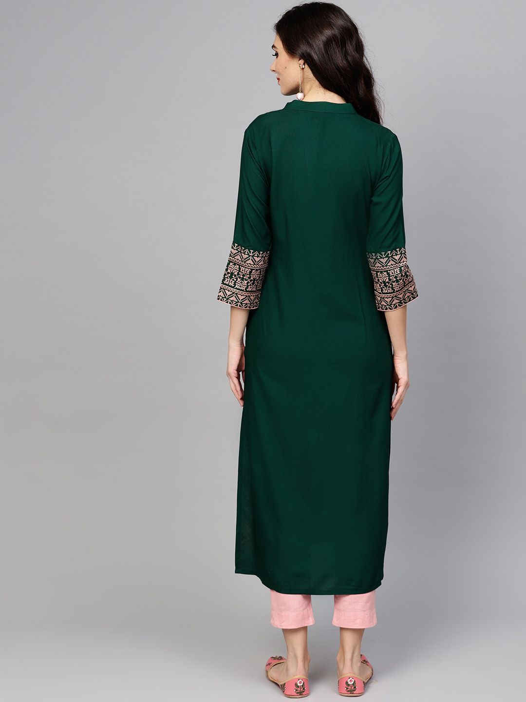 Libas Green Mandarin Collar Viscose Straight Kurta With Embroidered Sleeves