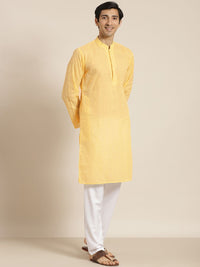 SOJANYA Men Yellow Chikankari Pure Cotton Kurta with Churidar & Nehru Jacket