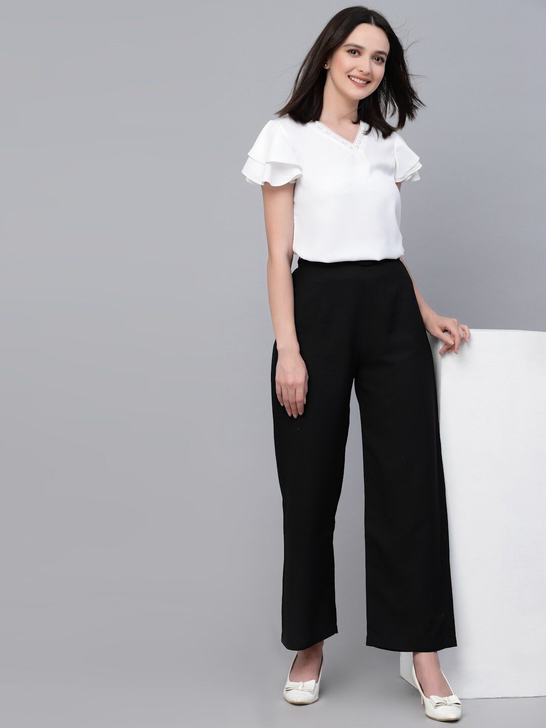 Style Quotient V-Neck Flutter Sleeves Blouson Top