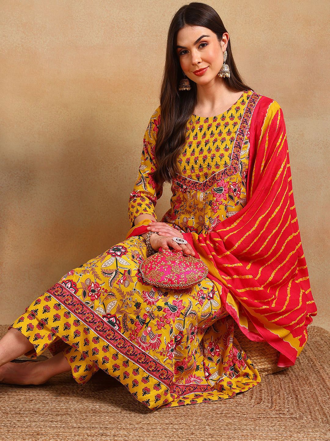 KALINI Floral Printed Round Neck Anarkali Kurta with Trousers & With Dupatta