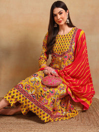 KALINI Floral Printed Round Neck Anarkali Kurta with Trousers & With Dupatta