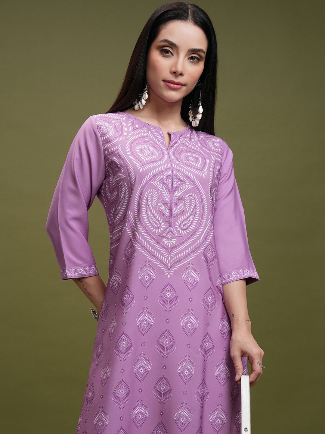 Vishudh Purple Ethnic Motifs Printed Notch Neck Straight Kurta