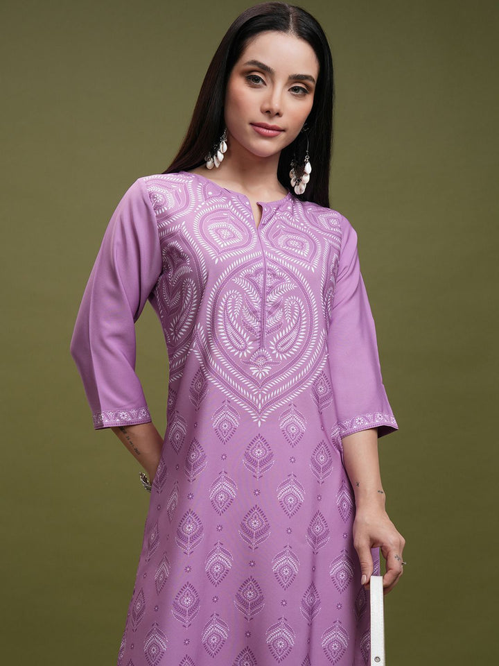 Vishudh Purple Ethnic Motifs Printed Notch Neck Straight Kurta
