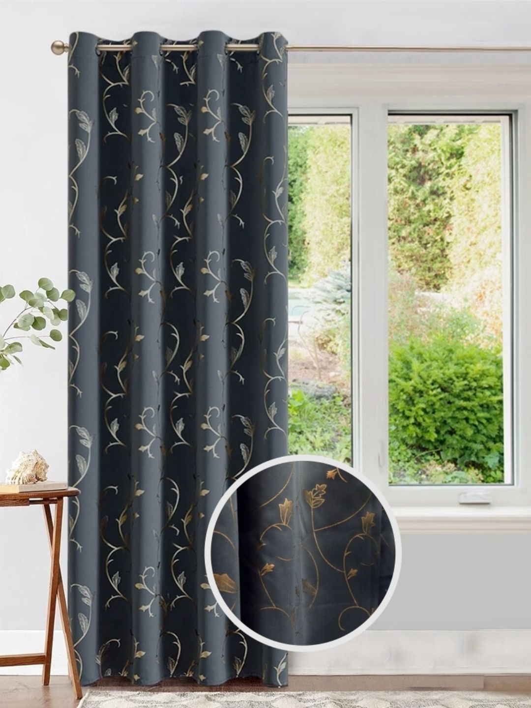 URBAN SPACE Grey & Gold Toned Floral Printed Black Out Long Door Curtain