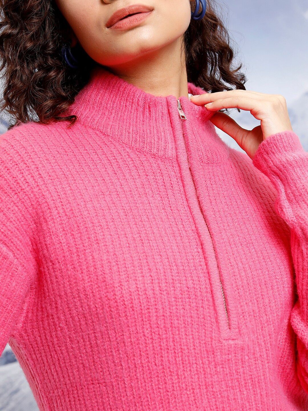Tokyo Talkies Pink Cable Knit Self Design Turtle Neck Pullover Sweater