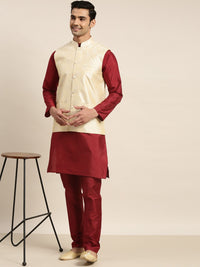 SOJANYA Mandarin Collar Straight Kurta with Pyjamas with Woven Design Nehru Jacket