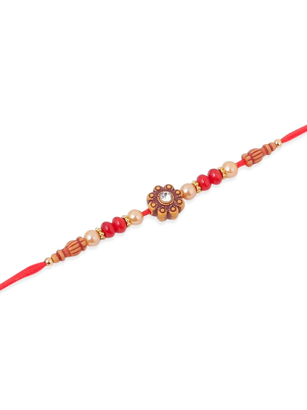 NVR Unisex Set of 4 Artificial Stones Beads Thread Rakhi with Roli Chawal Chandan Mishri