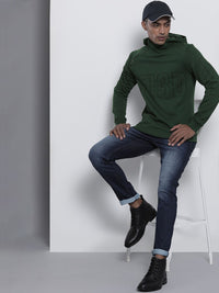 The Indian Garage Co Men Olive Green & Black Typography Print Hooded Sweatshirt