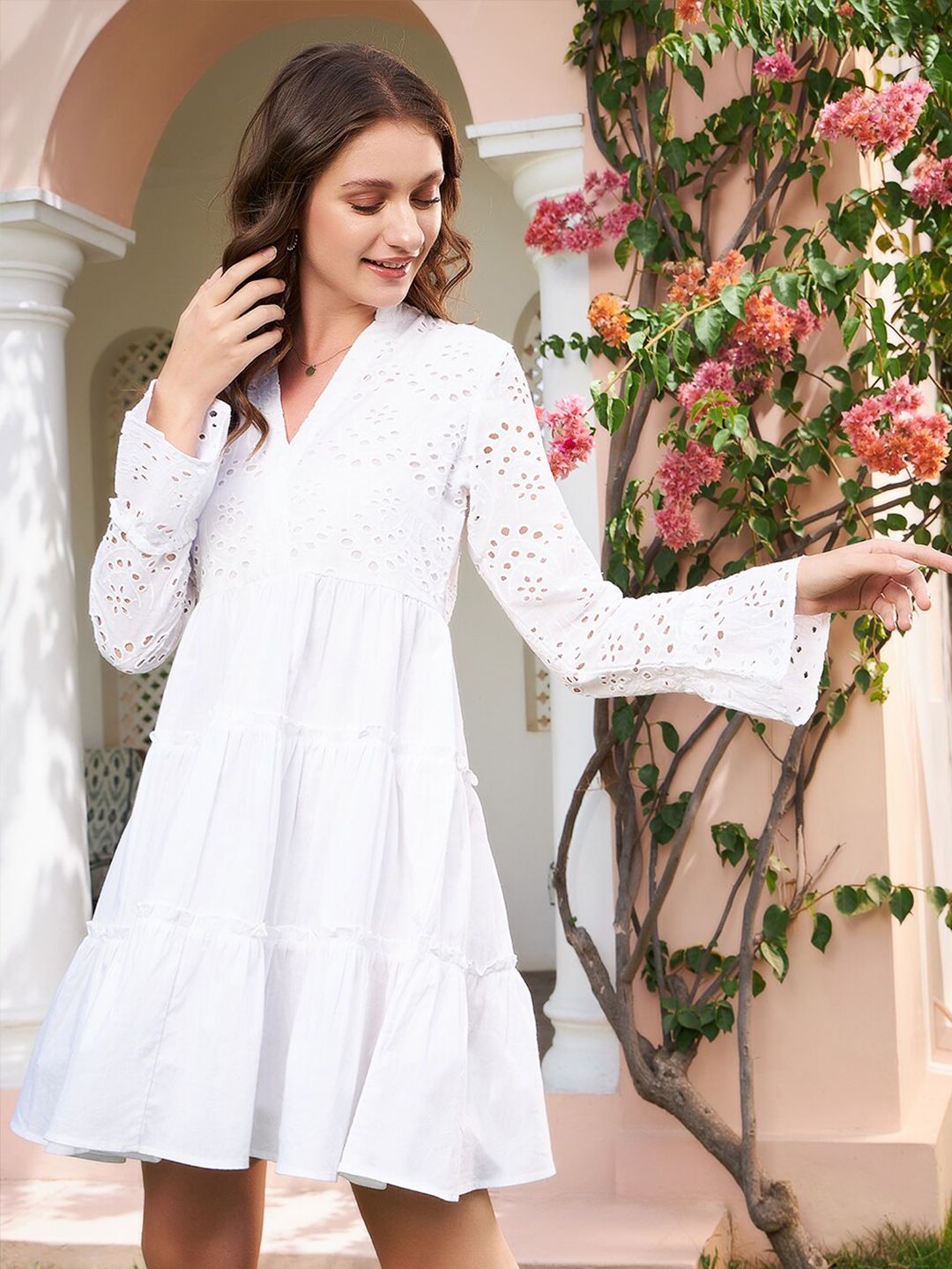Athena White Schiffli Tiered A-Line Cotton Dress