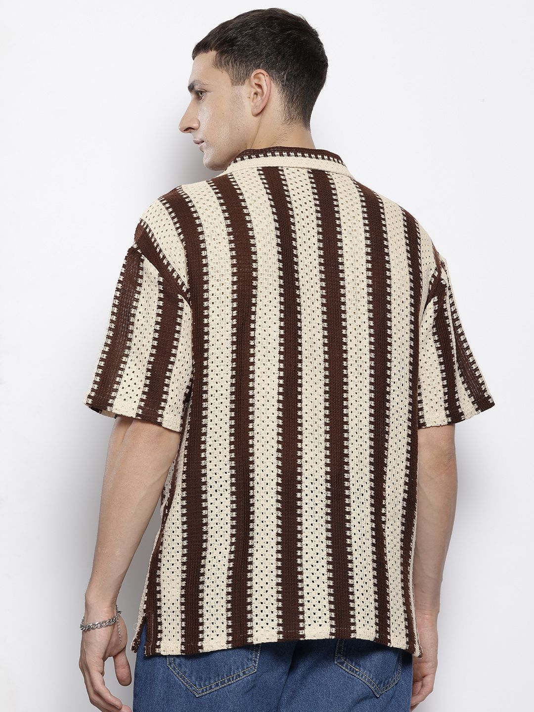 The Indian Garage Co Men Textured Open Weave Knitted Relaxed Fit Shirt