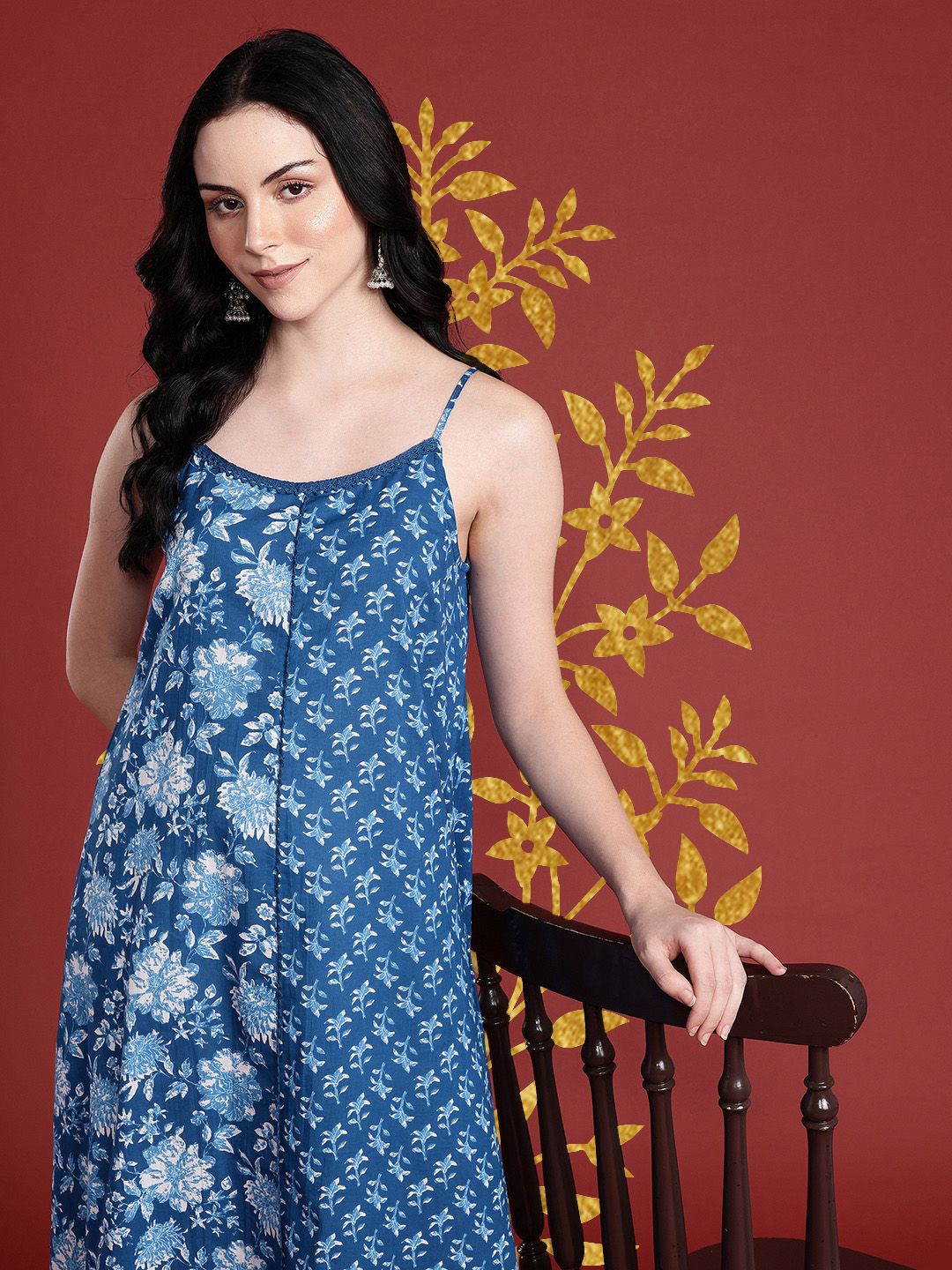 Anouk Floral Printed Shoulder Straps Pure Cotton A-Line Kurta
