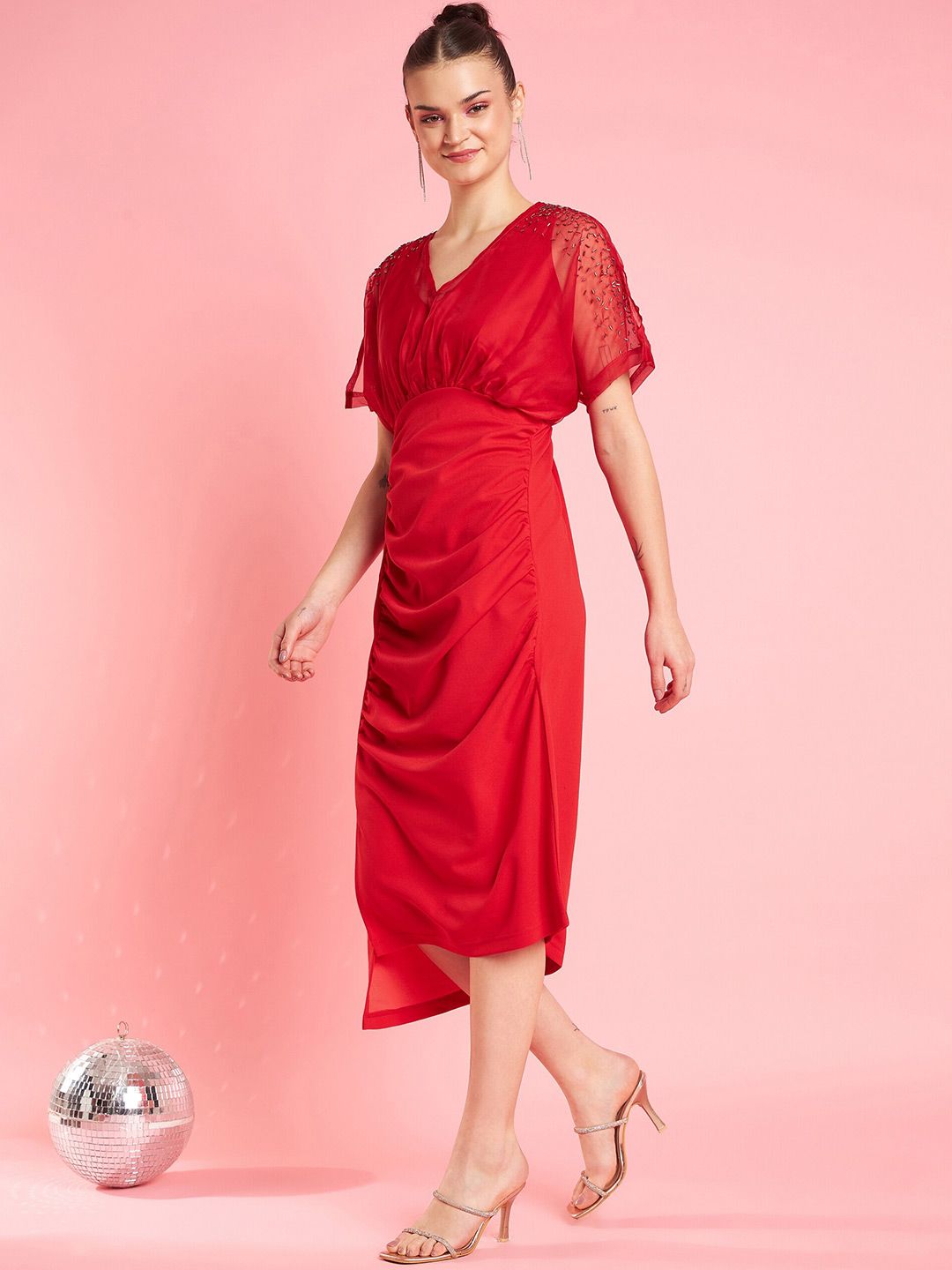 Antheaa Red Embellished Wrap Dress