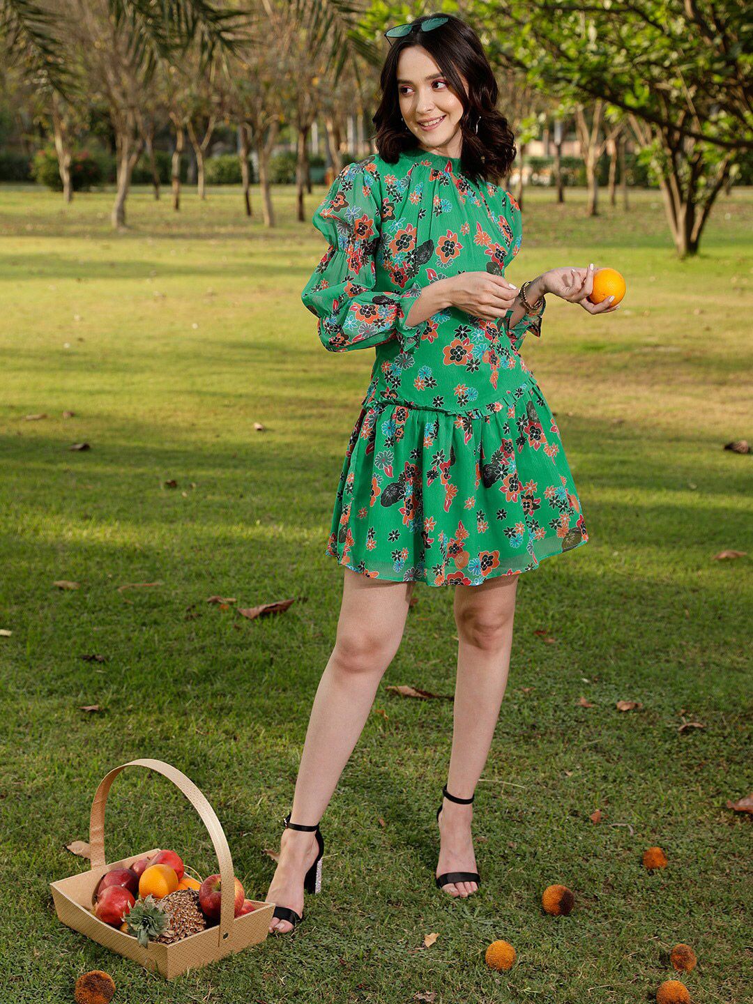 STREET 9 Green & Orange Coloured Floral Printed & Gathered Drop Waist Dress