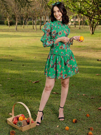 STREET 9 Green & Orange Coloured Floral Printed & Gathered Drop Waist Dress