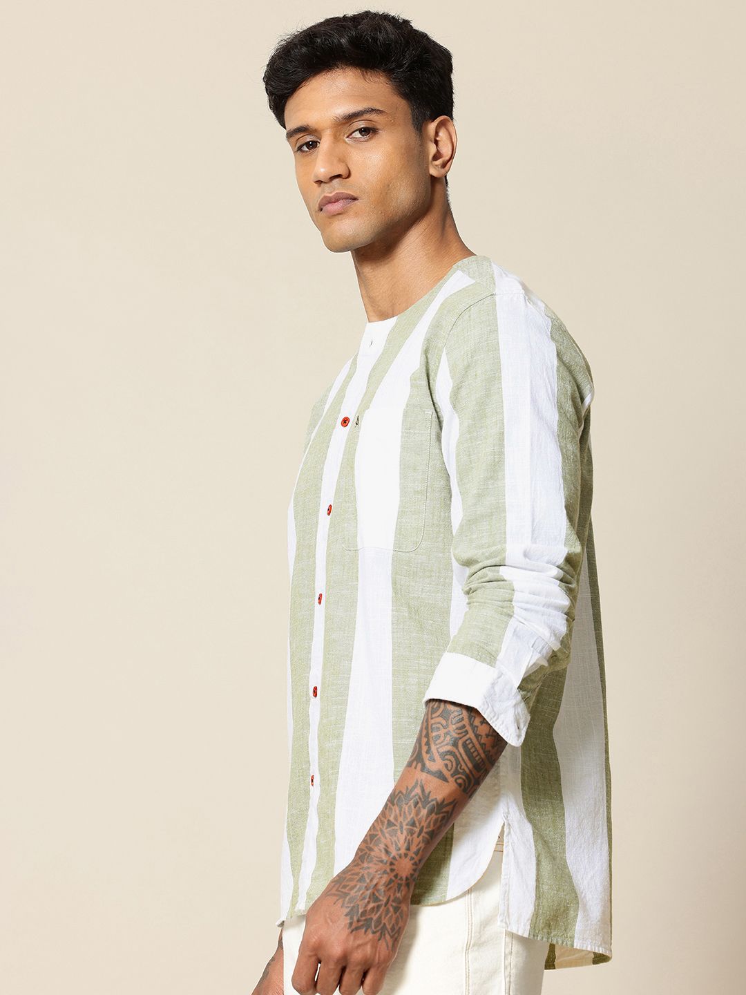 Mr Bowerbird Liberal Fit Self Striped Cotton Linen Casual Shirt