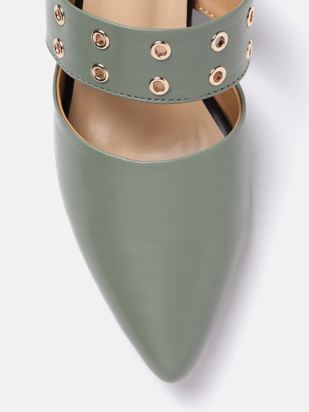 DressBerry Women Olive Green Solid Heeled Mules with Rivets Details