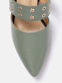 DressBerry Women Olive Green Solid Heeled Mules with Rivets Details
