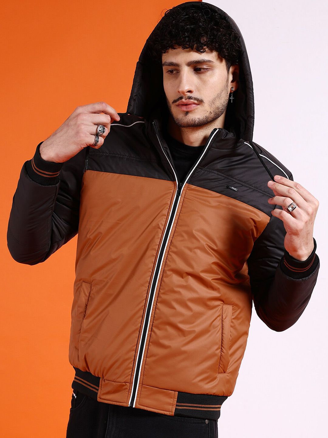 The Indian Garage Co Men Tan Colourblocked Outdoor Padded Jacket with Patchwork