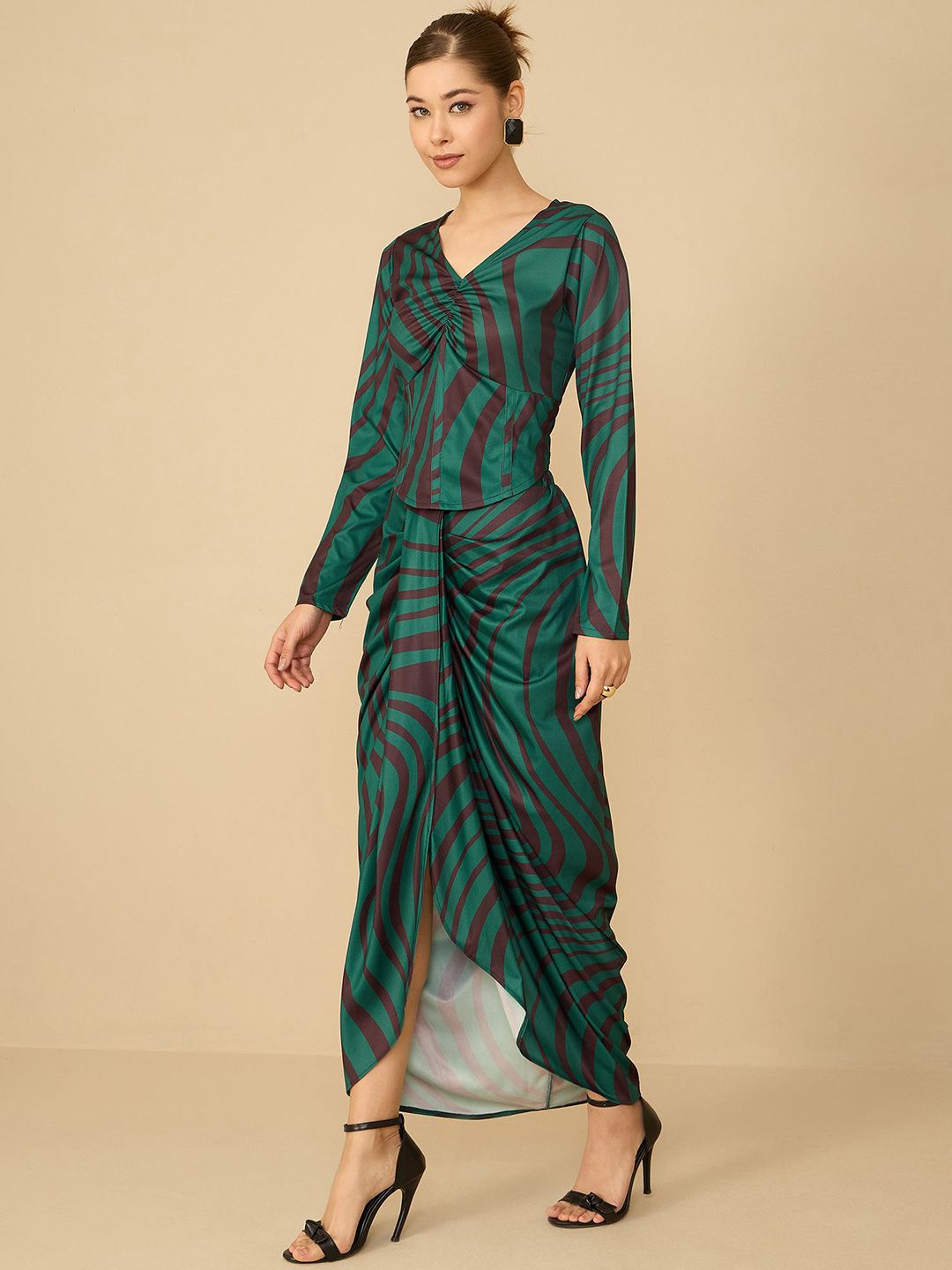 Antheaa Green Printed V-Neck Top With Skirt