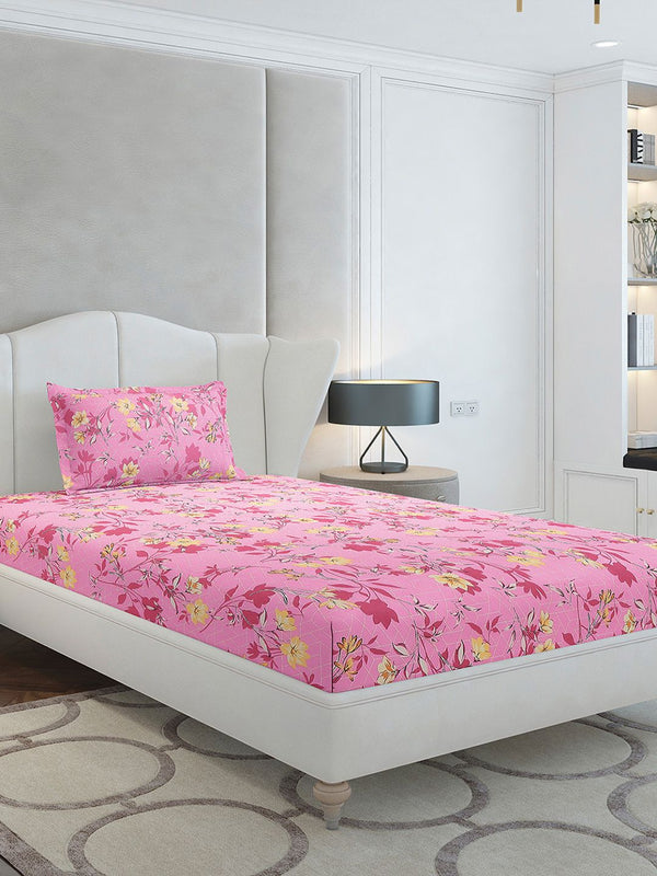 Monte Carlo Pink & Yellow Floral Printed Cotton 104 TC Single Bedsheet Set 2.24 m x 1.52 m