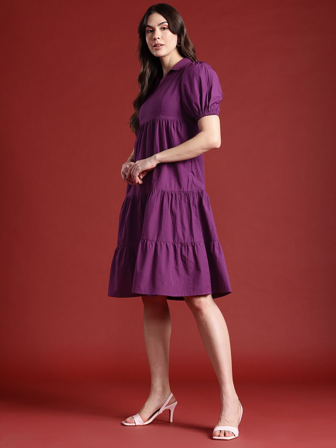all about you Cotton Puff Sleeves Tiered A-Line Dress