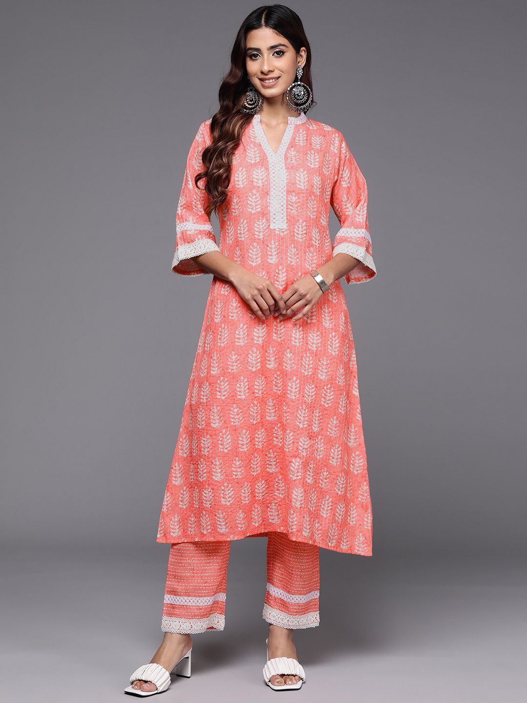 Libas Floral Printed Regular Sequinned Kurta with Trousers