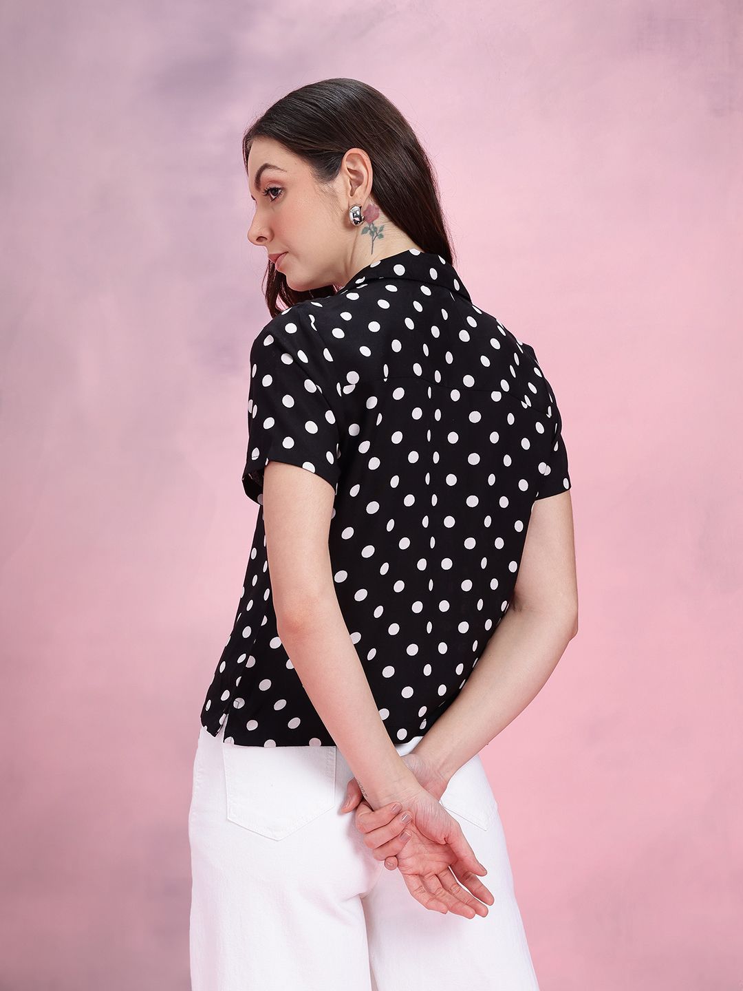 DressBerry Polka Dots Print Cuban Collar Opaque Casual Shirt