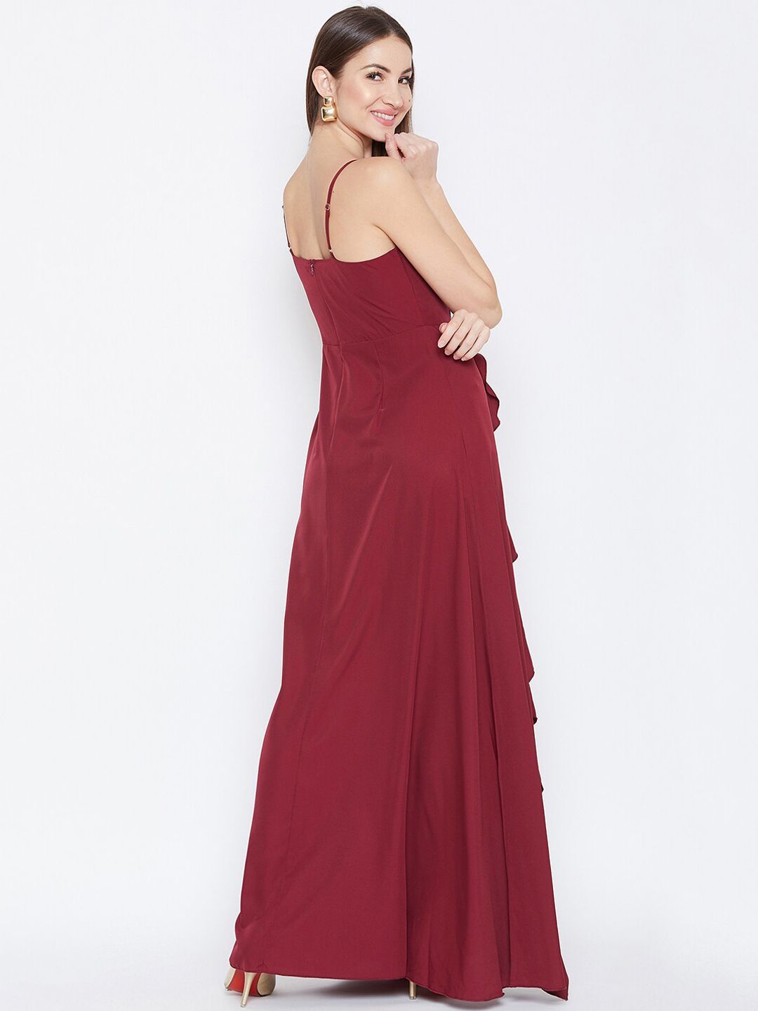 Berrylush Women Maroon Solid Ruffled Maxi Dress