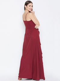 Berrylush Women Maroon Solid Ruffled Maxi Dress