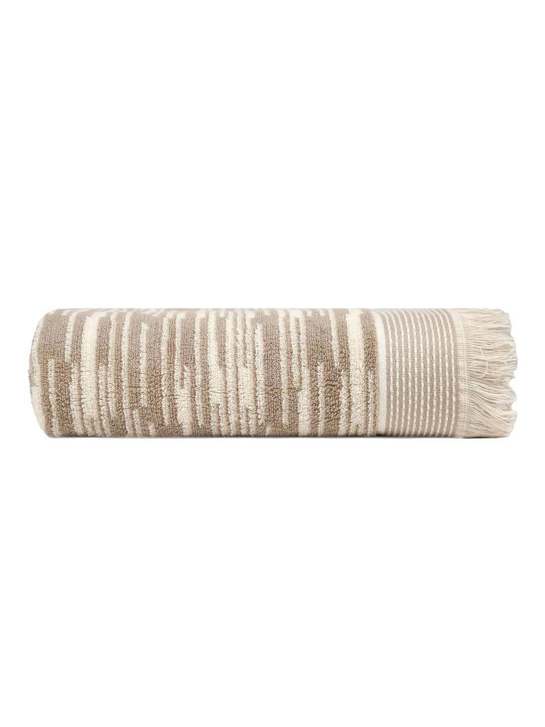MYTRIDENT Beige & White Striped Printed Cotton 500 GSM Bath Towel