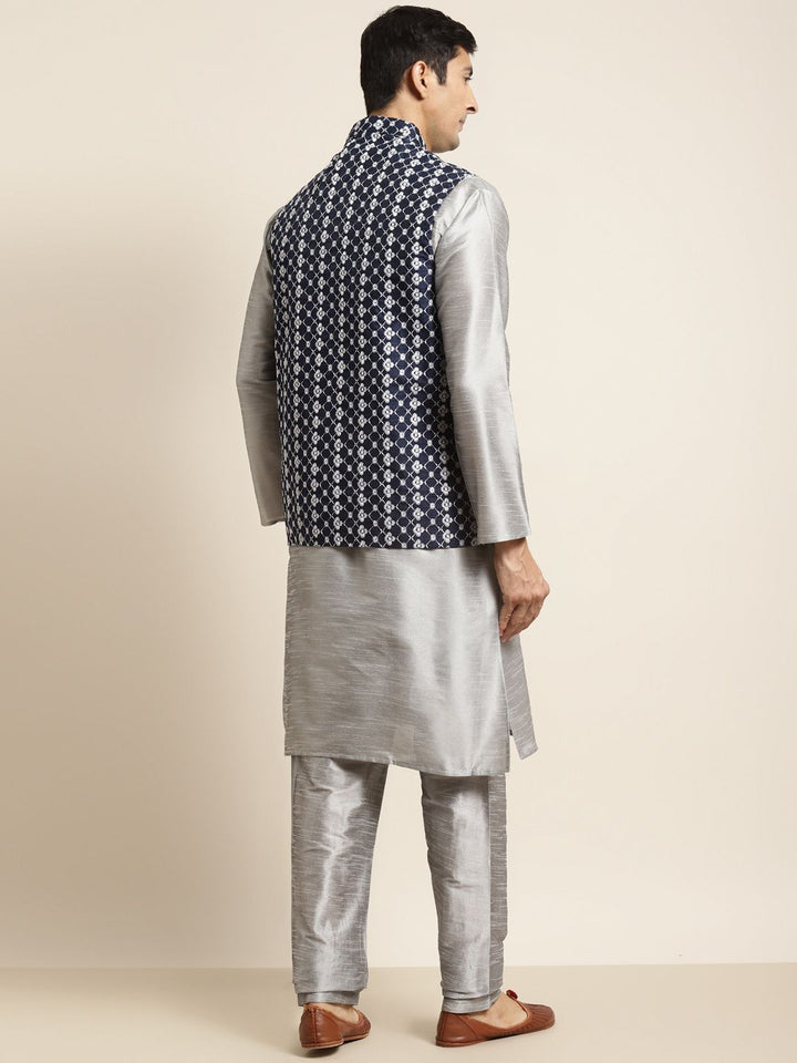 SOJANYA Men Grey & Navy Blue Kurta with Pyjamas & Embroidered Nehru Jacket
