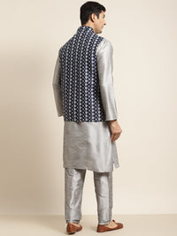 SOJANYA Men Grey & Navy Blue Kurta with Pyjamas & Embroidered Nehru Jacket