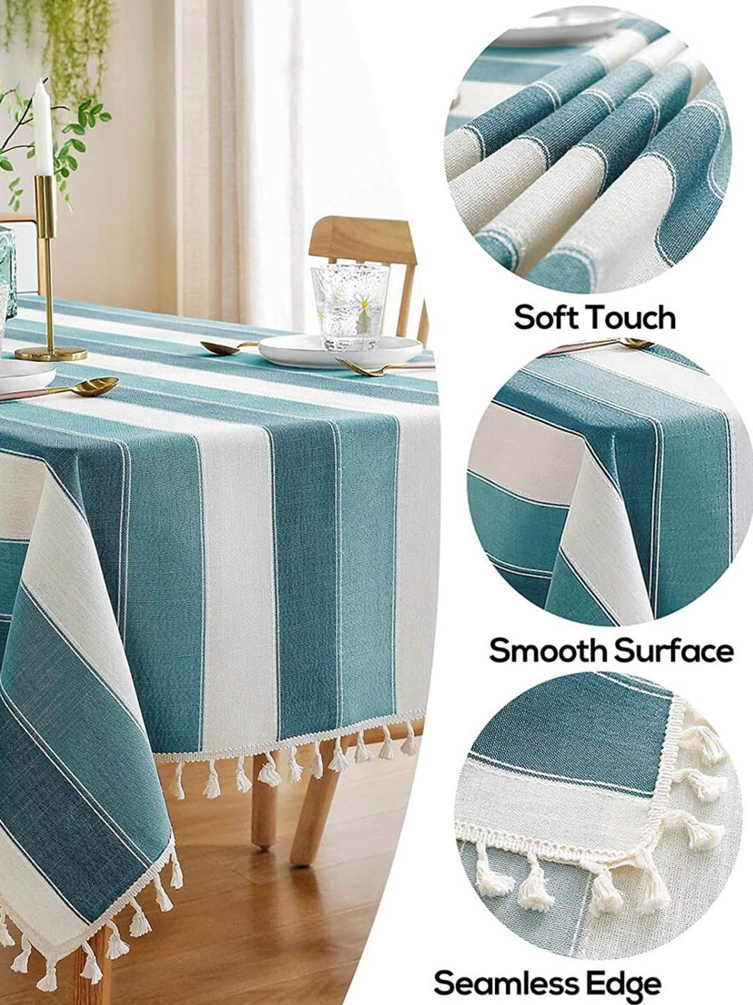 URBAN SPACE Green & White 6 Seater Striped Table Cloth