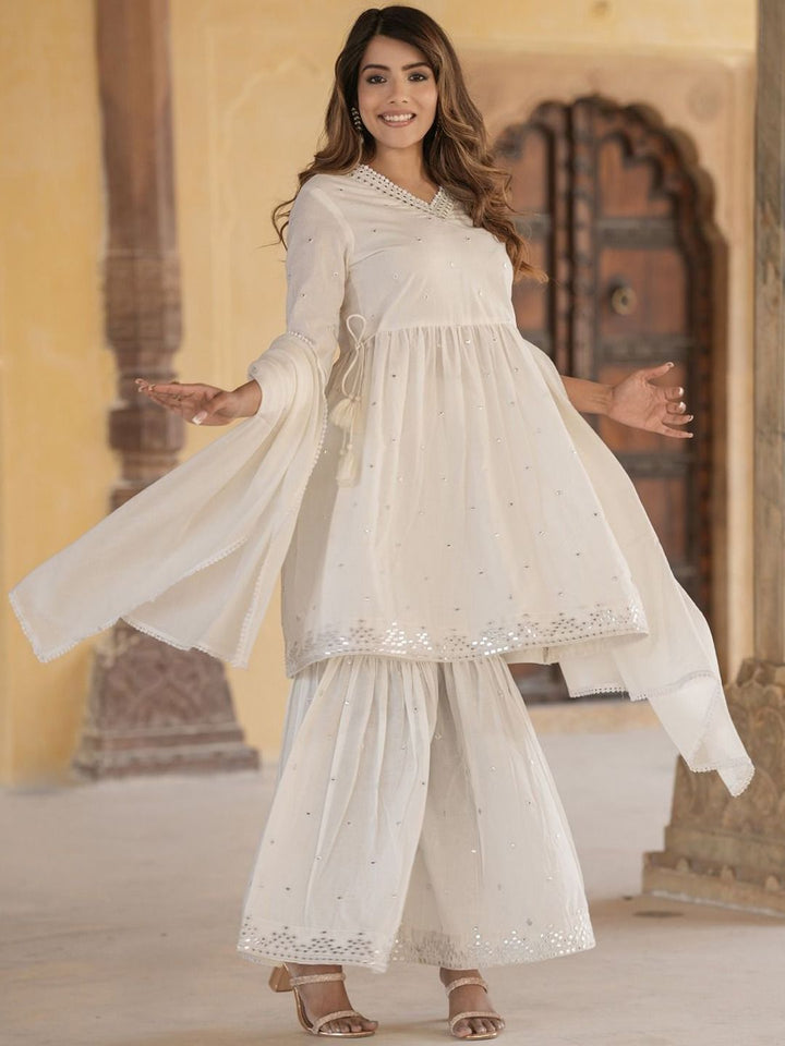 KALINI Geometric Embroidered Mirror Work Pure Cotton A-Line Kurta With Sharara & Dupatta