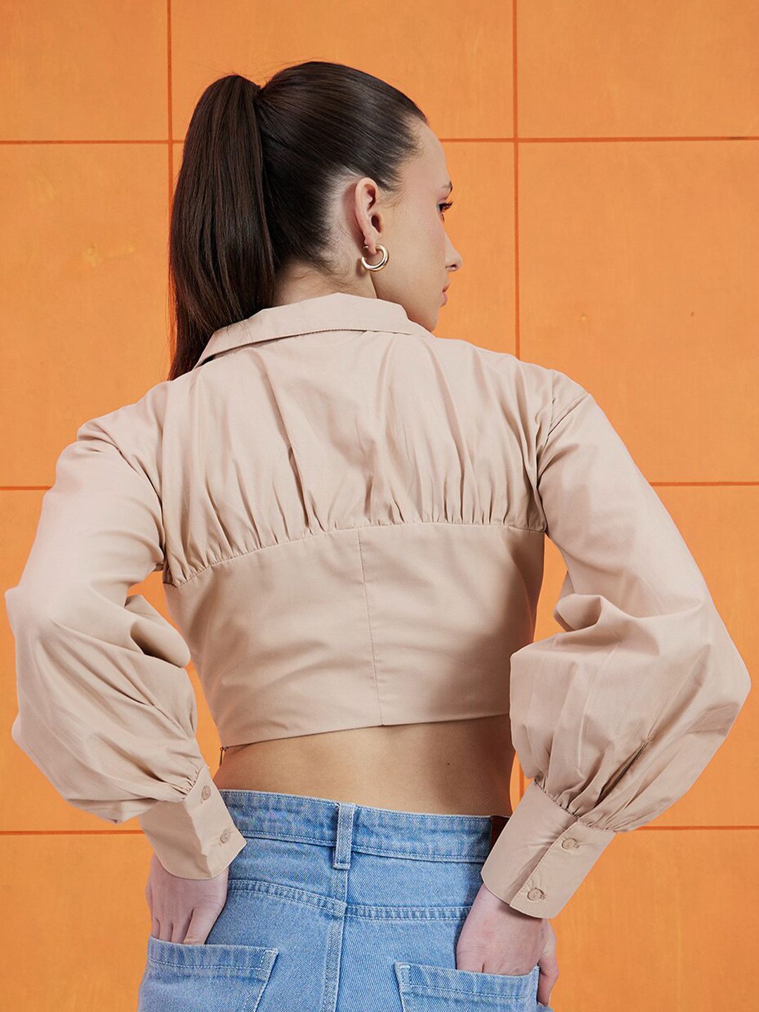 STREET 9 Beige Shirt Collar Pure Cotton Crop Corset Top