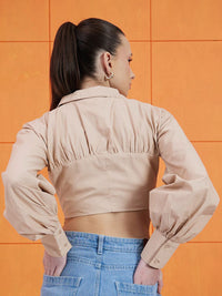 STREET 9 Beige Shirt Collar Pure Cotton Crop Corset Top