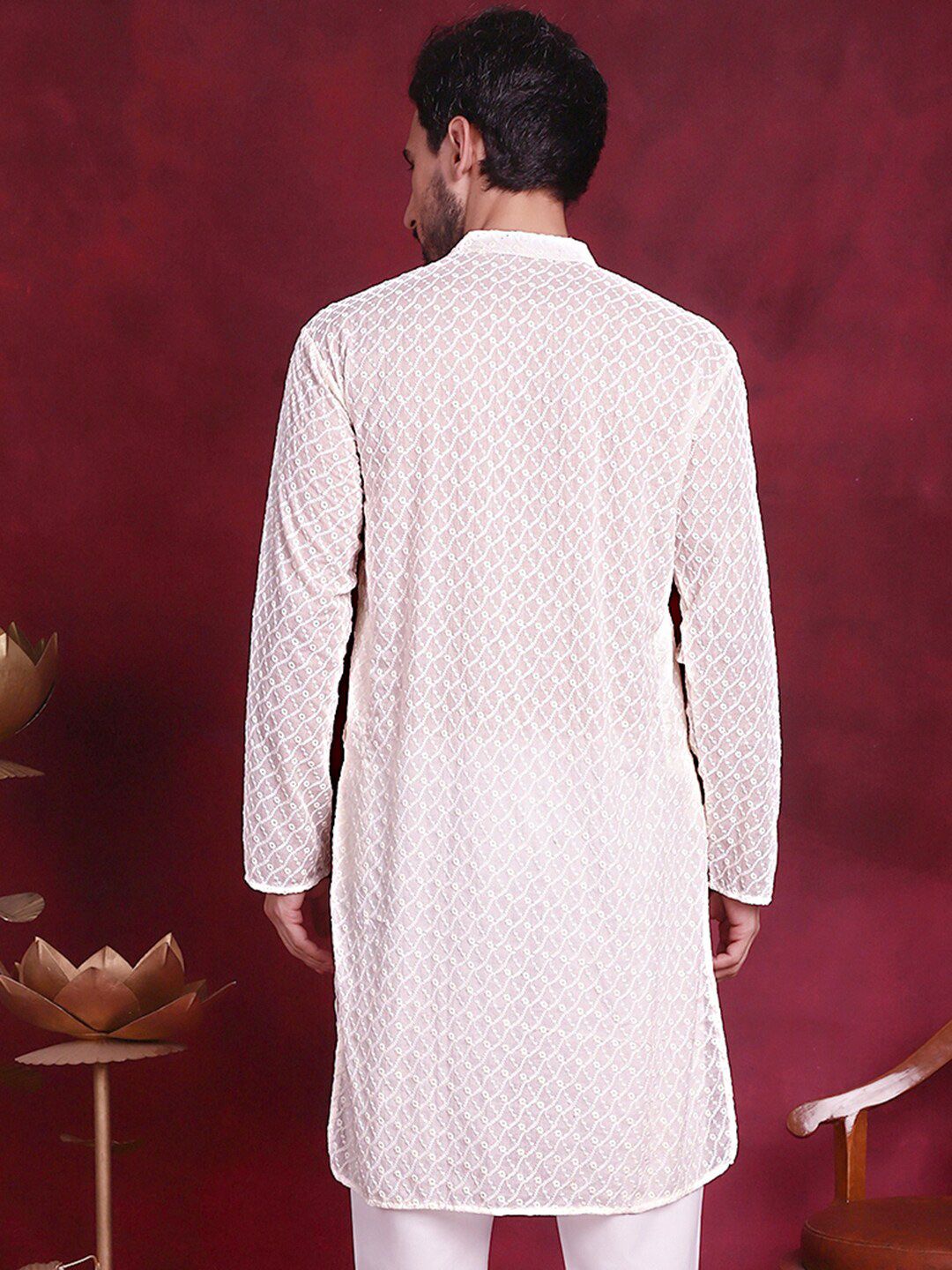 Jompers Ethnic Motifs Embroidered Band Collar Chikankari Cotton Straight Kurta
