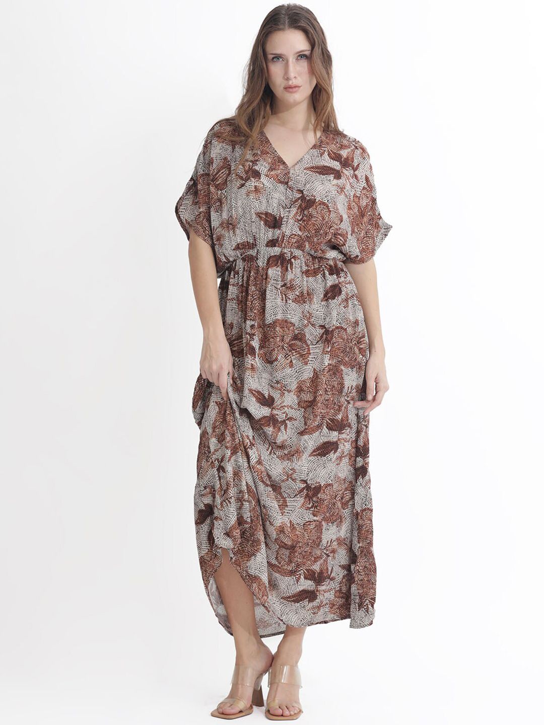 Rareism Abstract Printed V-Neck Fit and Flare Maxi Dress
