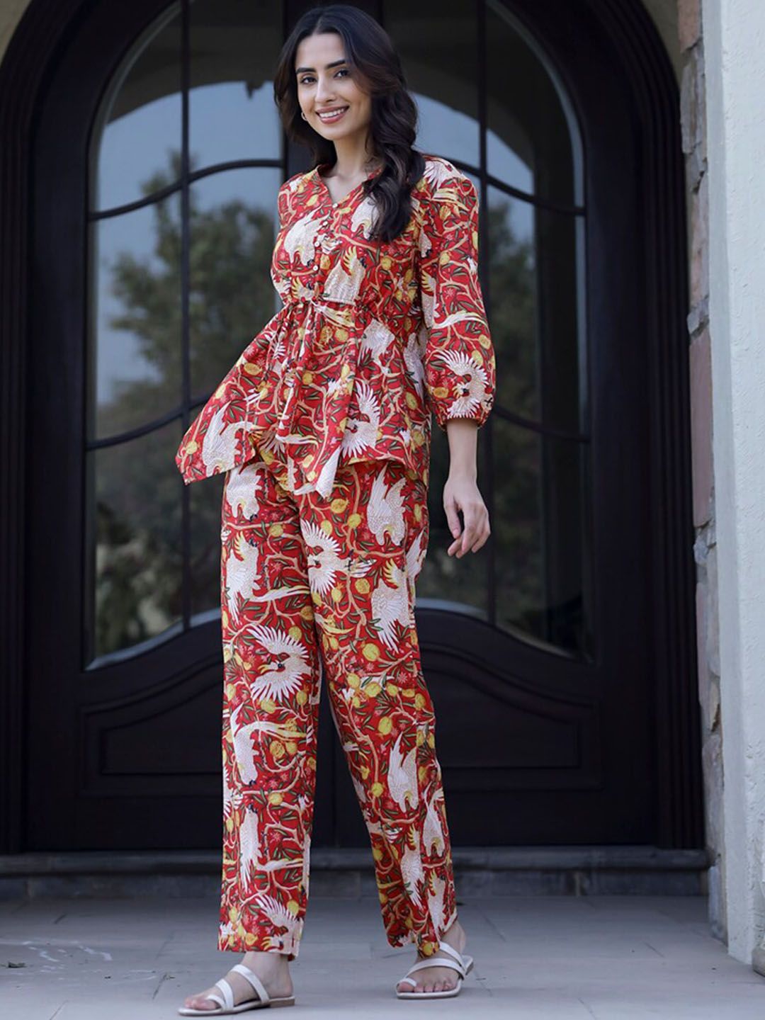 SANSKRUTIHOMES Printed Pure Cotton Top With Trousers Co-Ords