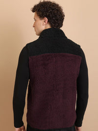HIGHLANDER Black Self Design High Neck Sleeveless Front-Open Sweatshirt