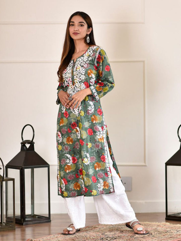 Rumah Wanita Chikankari Kurta Bersulam Mulmul Chikankari Hijau Tua
