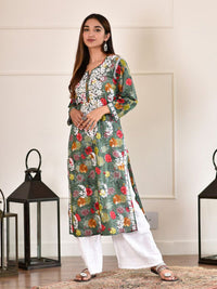 Rumah Wanita Chikankari Kurta Bersulam Mulmul Chikankari Hijau Tua