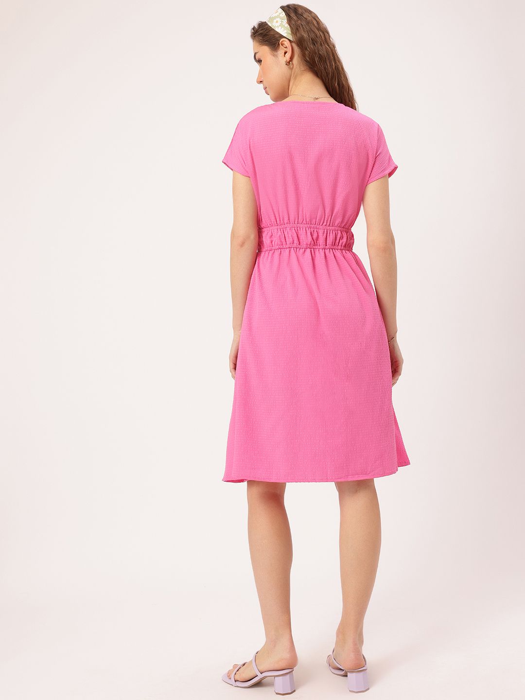 DressBerry Barbiecore Seersucker Cinched Waist A-Line Dress