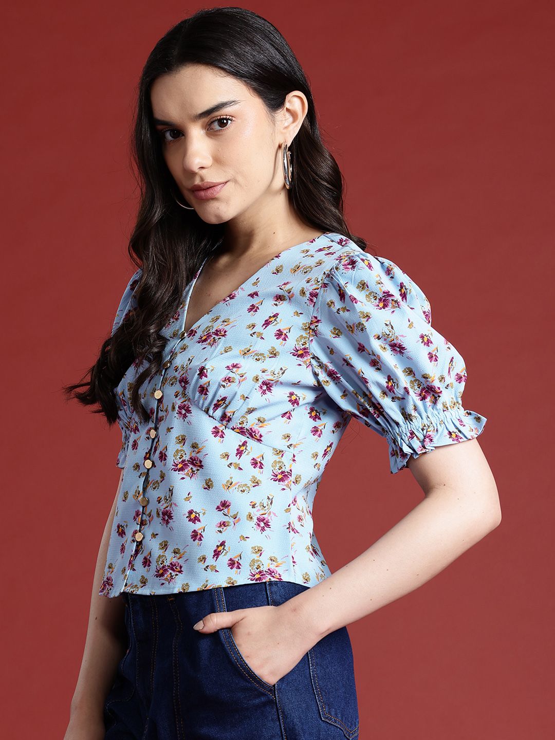 all about you Floral Print Puff Sleeves Empire Top