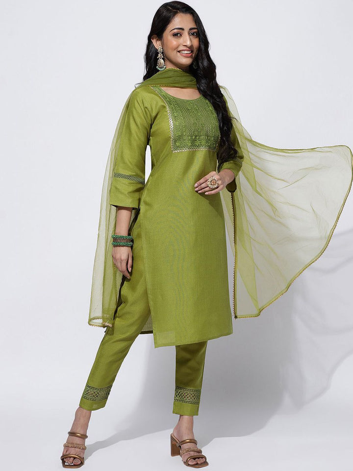 KALINI Ethnic Motifs Embroidered Yoke Design Kurta With Trousers & Dupatta