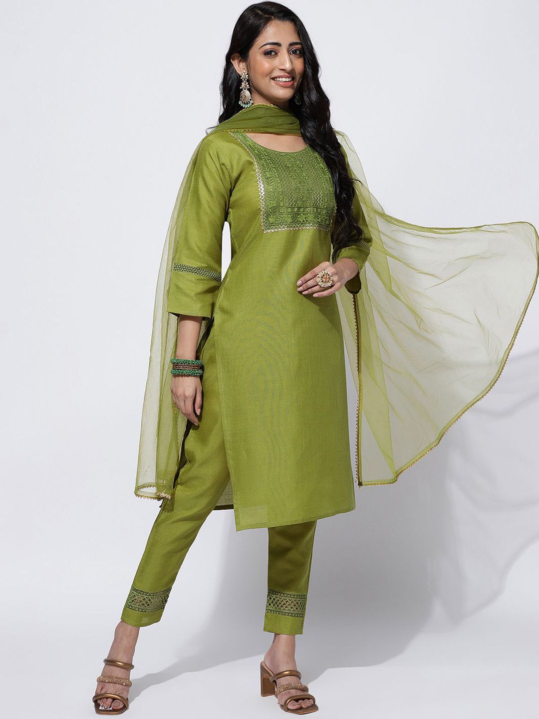 KALINI Ethnic Motifs Embroidered Yoke Design Kurta With Trousers & Dupatta