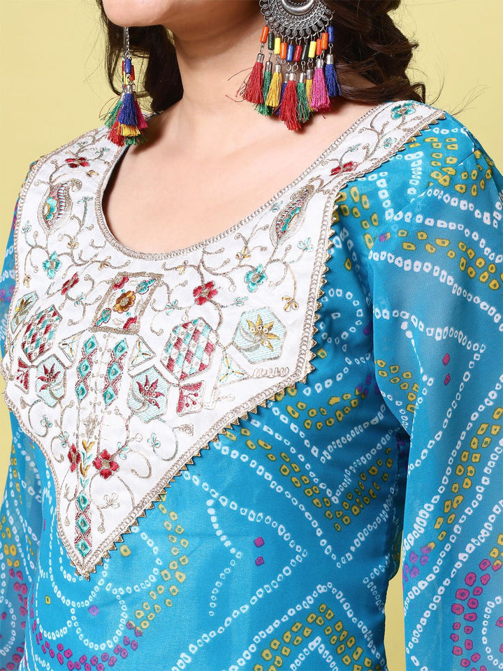 KALINI Bandhani Printed Round Neck Gotta Patti Georgette Straight Kurta