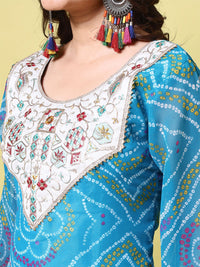 KALINI Bandhani Printed Round Neck Gotta Patti Georgette Straight Kurta